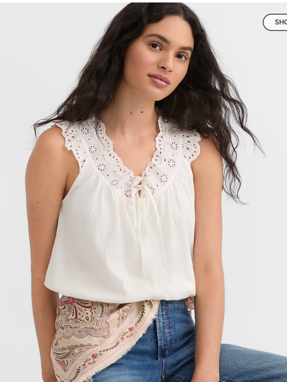 Loft Eyelet Ruffle Tie Neck Button Top